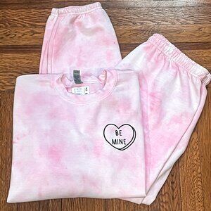 Adult Large 'Be Mine' Pink Tie-Dye Sweetheart Sweatshirt & Sweatpants Set